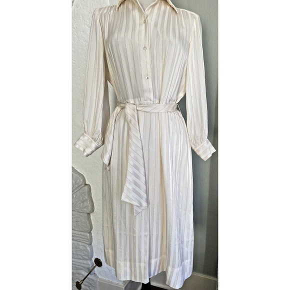 Pure Silk Vintage Ivory Gold Pinstripe Silk Collared Shirt Dress - Est Size 8 - Picture 1 of 8